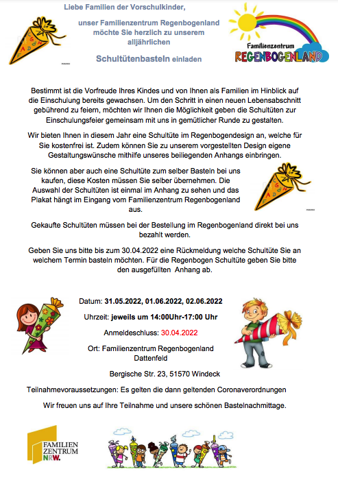 Familienzentrum Regenbogenland: Einladung zum alljährlichen Schultütenbasteln