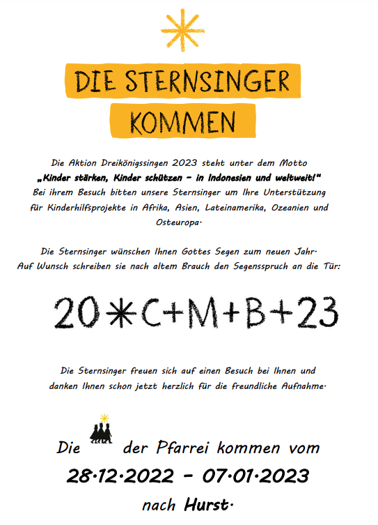 Die Sternsinger kommen vom 28.12.2022 – 07.01.2023 nach Hurst