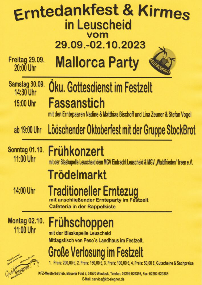 Erntedankfest und Kirmes in Leuscheid vom 29.09. bis 02.10.2023