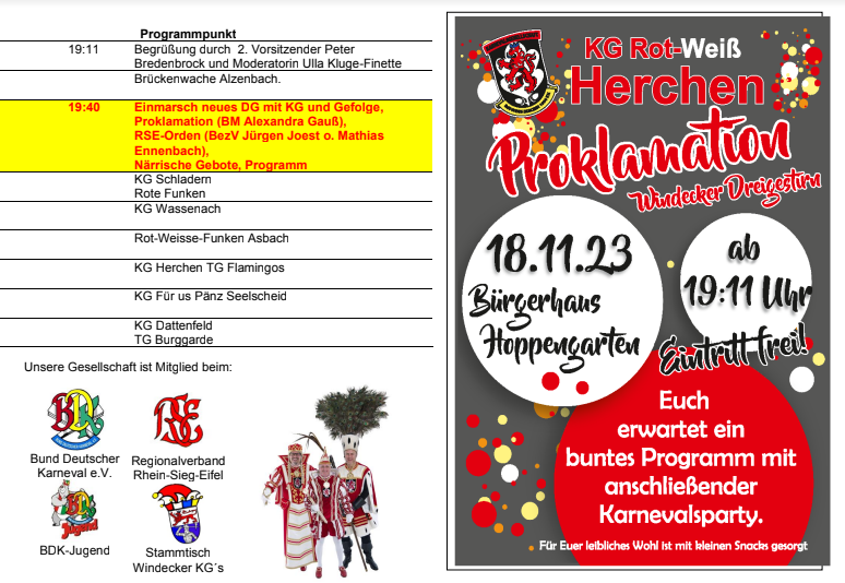 KR Rot-Weiß Herchen: Proklamation Windecker Dreigestirn 2023