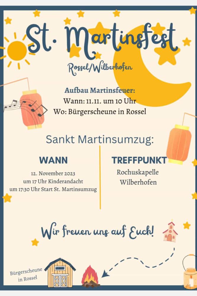 Martinsfeueraufbau am 11.11. und Martinsfest am 12.11. in Rossel und Wilberhofen