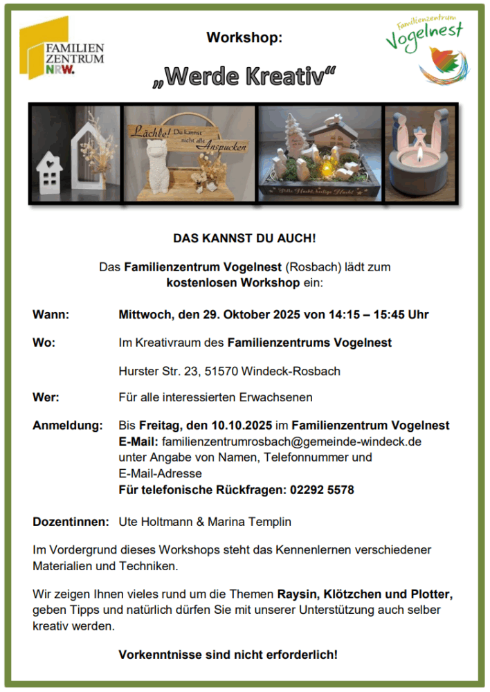 Familienzentrum Vogelnest Workshop: Werde kreativ