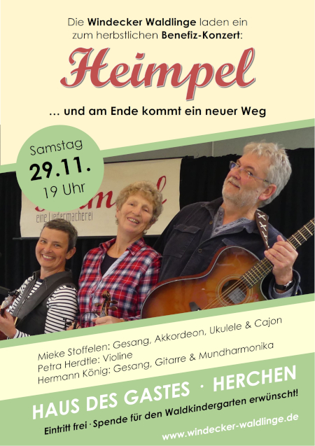 Benefizkonzert von „Heimpel“ für Waldkindergarten am 29.11.2025 19:00 Haus des Gastes Herchen